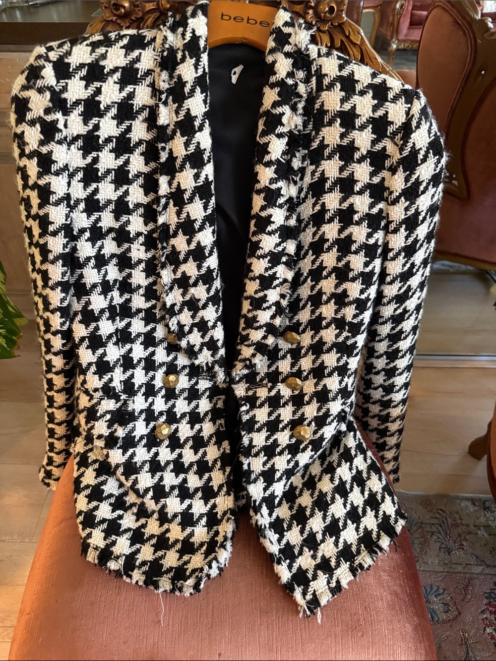 bebe Black and White Houndstooth Double-Breasted Tweed Blazer.Small